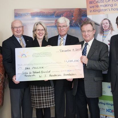 Members of the W. J. Henderson Foundation present a $1 million cheque to KGH. (left to right) Denise Cumming Executive Director, UHKF; Ian Wilson, Co-chair UHKF Centre for Patient-Oriented Care Development Council; CEO Leslee Thompson; David Pattenden, Director W. J. Henderson Foundation; Dr. Roger Deeley, VP of Health Sciences Research; Michael Hickey, VP W. J. Henderson Foundation.