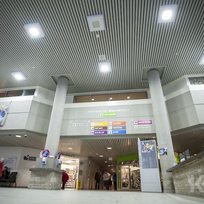 A view of the KGH main lobby showing the new, energy efficient LED light bulbs.